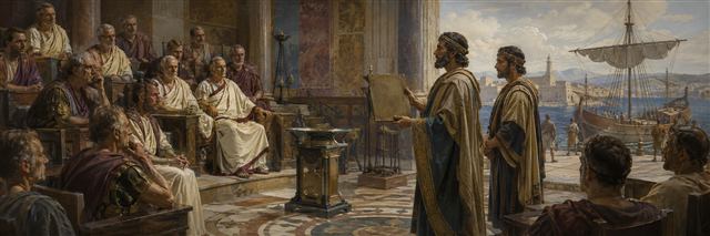 Judean envoys present a blank bronze treaty tablet to Roman senators after a long Mediterranean voyage